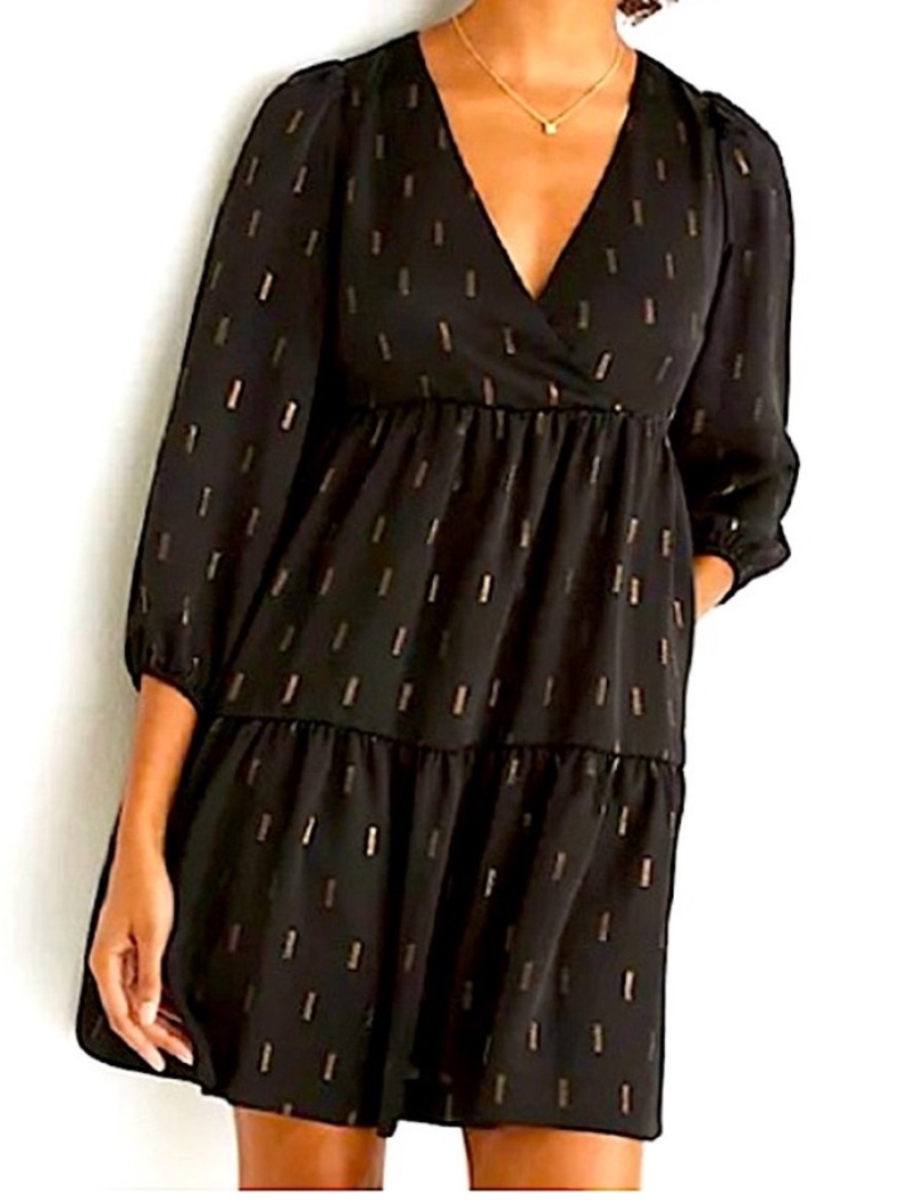 Madewell Metallic Black Gold Jacquard Faux Wrap Tiered Mini Dress XXL
